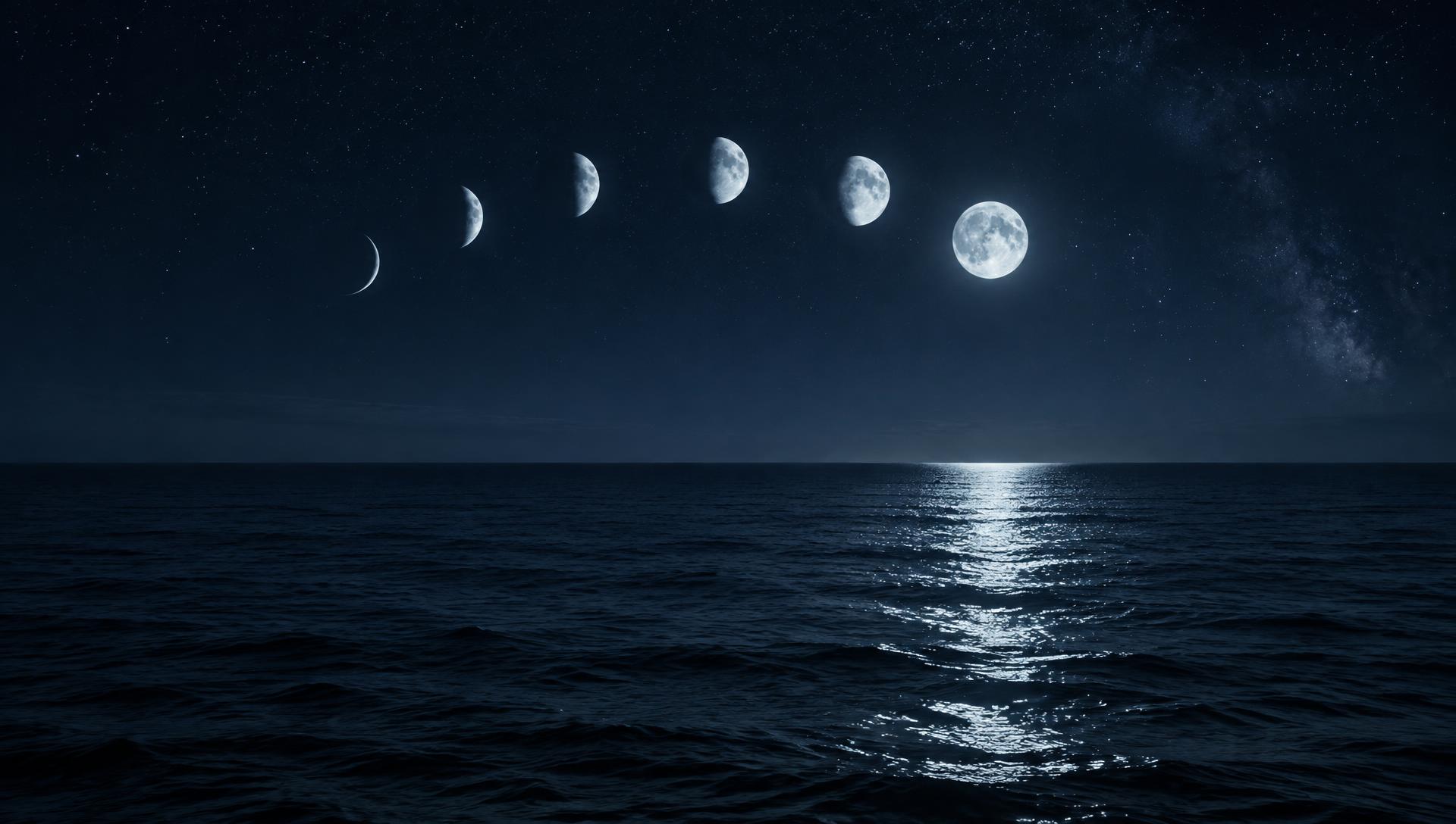 An arc of moon phases rising over a calm night sea